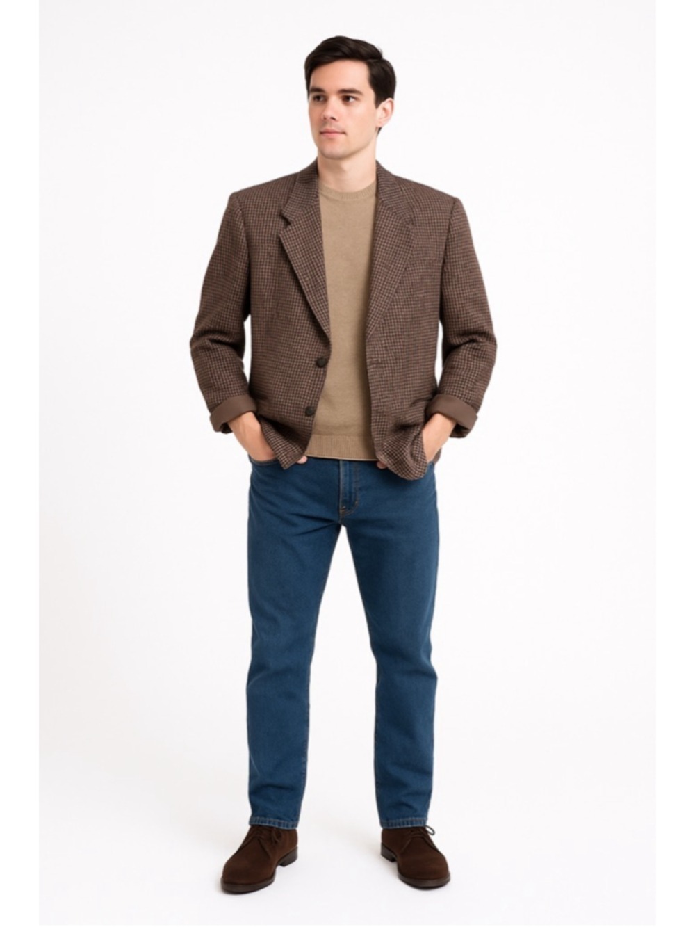 Marc Chevalli Vintage Wool Houndstooth Blazer Made in Germany Tan Brown Grey M